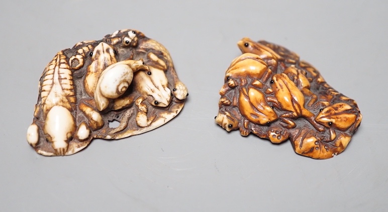 Two Japanese ivory netsuke, 19th century one signed, One carved in the form of frogs on a leaf, the second as a frog a snake insects and other creatures on a leaf, largest 4.5 cms wide.